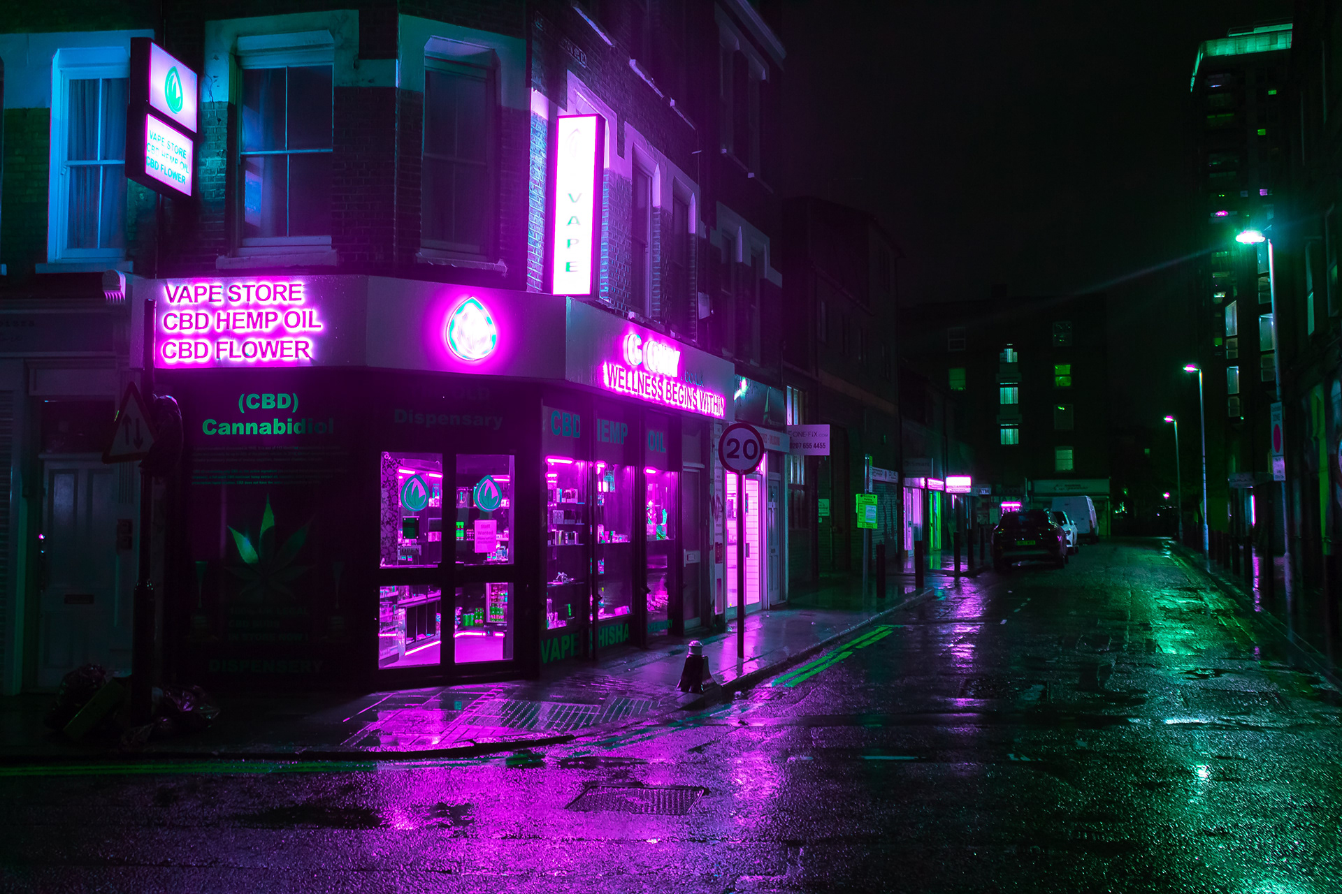 Neon cyberpunk street scene